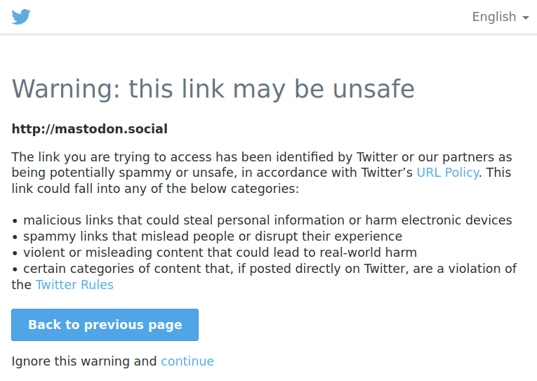 Screenshot of Twitter page saying: 'Warning: this link may be unsafe: http://mastodon.social'